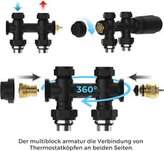 VANCOCO 2er Set Thermostat Hahnblock 50mm Eurokonus Heizkörper Armaturen | Schwarzer Hahnblock 50mm Nabenabstand, Eck & Durchgang, passend für Heizkörper Badheizkörper Eurokonus