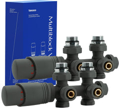 VANCOCO 2er Set Anthrazit Thermostat Hahnblock 50mm Eurokonus Heizkörper | 50mm Nabenabstand, Eck- und Durchgangsform, passend für Heizkörper & Badheizkörper mit Eurokonus Anschluss