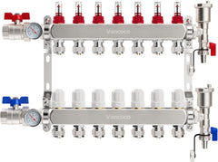 VANCOCO Heizkreisverteiler Edelstahl 7 Heizkreise Fußbodenheizung | Fußbodenheizung Verteiler mit Eurokonus 16×2 mm, Durchflussmesser 5 L/min, 1" Kugelhähne & Schnellentlüfter Set
