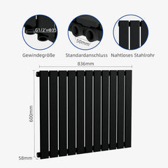 VANCOCO Design Heizkörper Mittelanschluss, Flachheizkörper 600×836 mm Schwarz, Einlagig Wandheizkörper für Wohnzimmer und Schlafzimmer, Paneelheizkörper