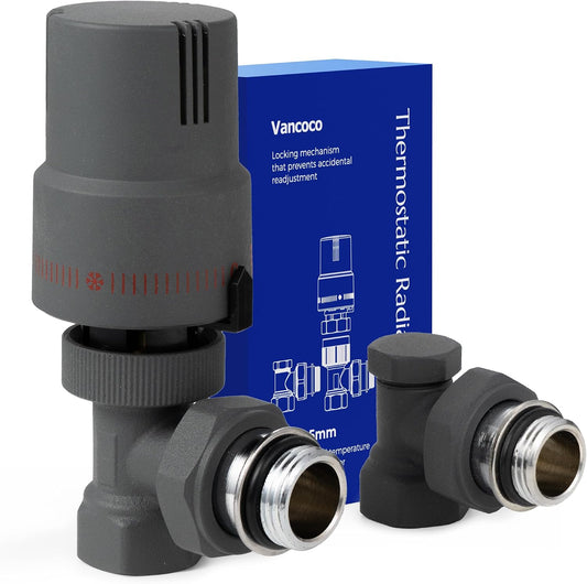 VANCOCO 1/2" Eck Anthrazitgrau Thermostatventil + Rücklaufventil Set | Flüssigfühler, Dichtringanschluss, Frostschutzstellung, Norm EN215 Heizungsventil Zubehör