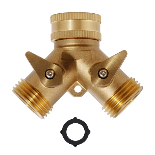 VANCOCO 2-Way Brass Garden Hose Splitter 3/4" GHT Heavy-Duty Y Connector with Independent Valves
