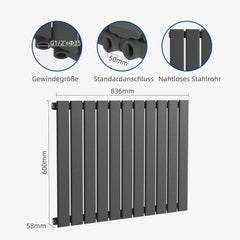 VANCOCO Design Heizkörper Mittelanschluss, Flachheizkörper 600×836 mm Anthrazit, Einlagig Wandheizkörper für Wohnzimmer und Schlafzimmer, Paneelheizkörper