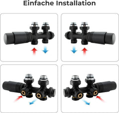 VANCOCO 2er Set Thermostat Hahnblock 50mm Eurokonus Heizkörper Armaturen | Schwarzer Hahnblock 50mm Nabenabstand, Eck & Durchgang, passend für Heizkörper Badheizkörper Eurokonus