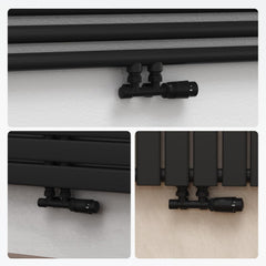 VANCOCO Schwarz Thermostat Multiblock Hahnblock Eckdurchgang 50mm Nabenabstand | Multiblock Ventil-Armaturen Set mit Eurokonus, passend für Ø16×2 mm Kunststoffrohre & Ø15mm Kupferrohre für Heizkörper