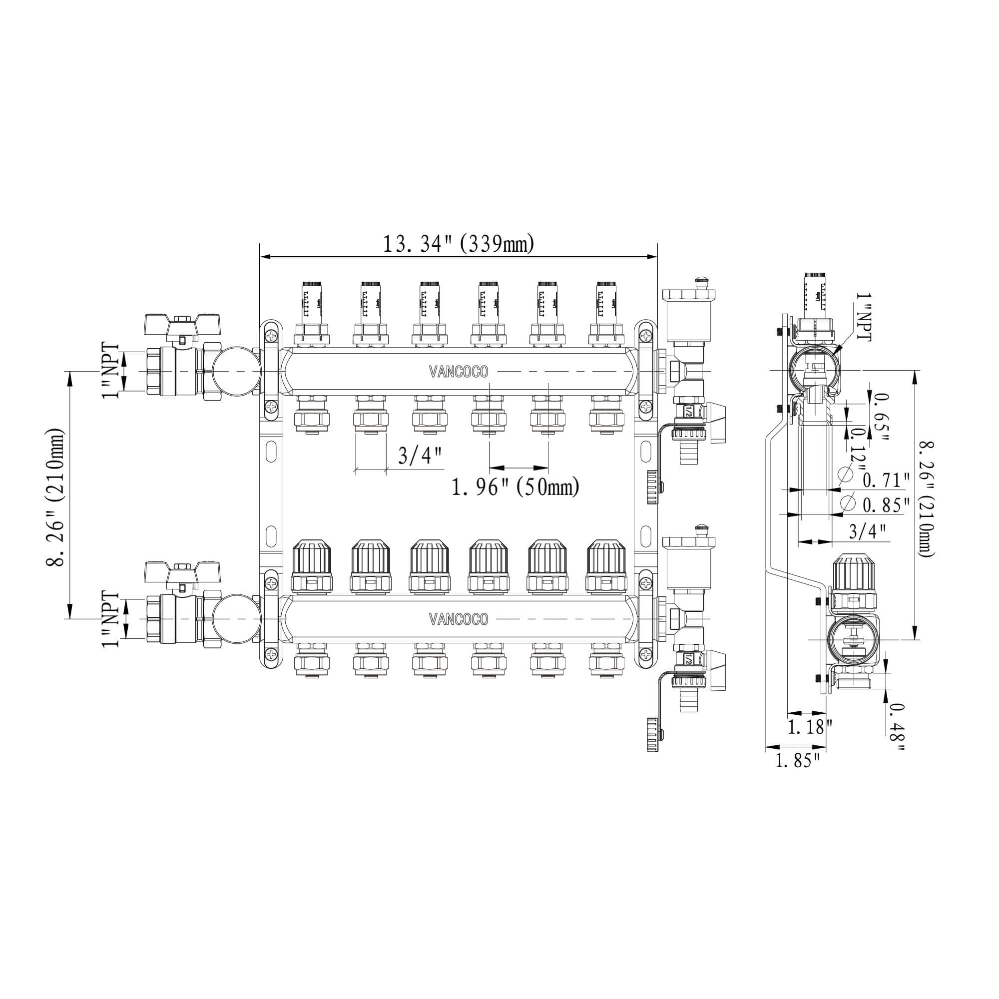 VANCOCO 6-Loop Stainless Steel PEX Manifold with 1/2" Adapters for Radiant Floor Heating