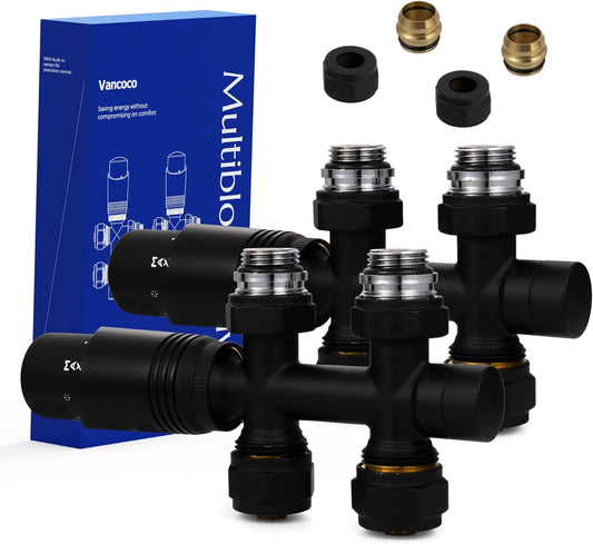 VANCOCO 2 Stk. Schwarz Thermostat Multiblock Hahnblock Durchgang 50mm Nabenabstand | Multiblock Ventil-Armaturen Set mit Eurokonus, passend für Ø16×2 mm Kunststoffrohre & Ø15mm Kupferrohre für Heizkörper