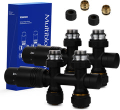 VANCOCO 2 Stk. Schwarz Thermostat Multiblock Hahnblock Durchgang 50mm Nabenabstand | Multiblock Ventil-Armaturen Set mit Eurokonus, passend für Ø16×2 mm Kunststoffrohre & Ø15mm Kupferrohre für Heizkörper