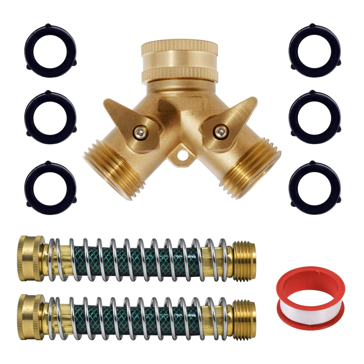 VANCOCO Brass Hose Splitter 2 Way with Coiled Spring Protectors, Heavy Duty 3/4" Garden Hose Splitter for Outdoor Faucet