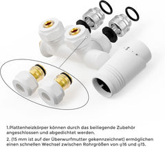 VANCOCO Weiß Thermostat Multiblock Hahnblock Eckdurchgang 50mm Nabenabstand | Multiblock Ventil-Armaturen Set mit Eurokonus, passend für Ø16×2 mm Kunststoffrohre & Ø15mm Kupferrohre für Heizkörper