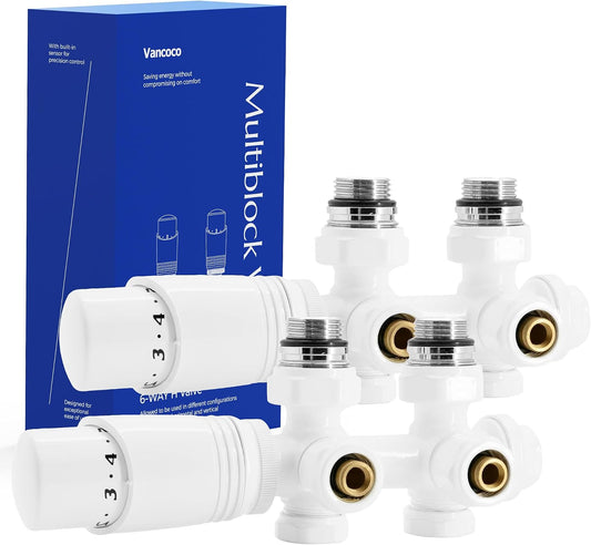 VANCOCO 2er Set Weiß Thermostat Hahnblock 50mm Eurokonus Heizkörper | 50mm Nabenabstand, Eck- und Durchgangsform, passend für Heizkörper & Badheizkörper mit Eurokonus Anschluss
