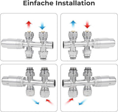 VANCOCO Chrome Thermostat Multiblock Hahnblock Durchgang 50mm Nabenabstand | Multiblock Ventil-Armaturen Set mit Eurokonus, passend für Ø16×2 mm Kunststoffrohre & Ø15mm Kupferrohre für Heizkörper