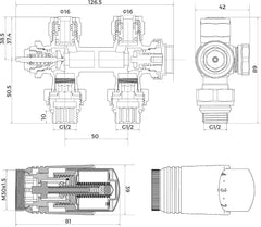 VANCOCO 2er Set Anthrazit Thermostat Hahnblock 50mm Eurokonus Heizkörper | 50mm Nabenabstand, Eck- und Durchgangsform, passend für Heizkörper & Badheizkörper mit Eurokonus Anschluss