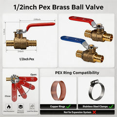 VANCOCO 1/2" PEX Ball Valve 4-Pack - Lead-Free Brass PEX Shut Off Valve 1/2 inch for Pex Fittings Hot/Cold Water (2 Red/2 Blue)