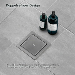 VANCOCO Edelstahl Bodenablauf 150×150 mm, 2-in-1 Befliesbar mit Dichtring | Extra flach, doppelseitig, 360° Siphon mit Geruchsverschluss, Haarsieb und Dichtring für Duschboden