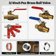 VANCOCO 3/4" PEX Ball Valve 4-Pack - Lead-Free Brass PEX Shut Off Valve 3/4 inch for Pex Fittings Hot/Cold Water (2 Red/2 Blue)