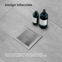 VANCOCO Edelstahl Duschablauf 150×150 mm mit Wasserdichtem Ring, Bodenablauf Duschrinne Quadrat 360° Siphon Randablauf mit Geruchsstop Ablaufrinne Haarsieb Gebürstet
