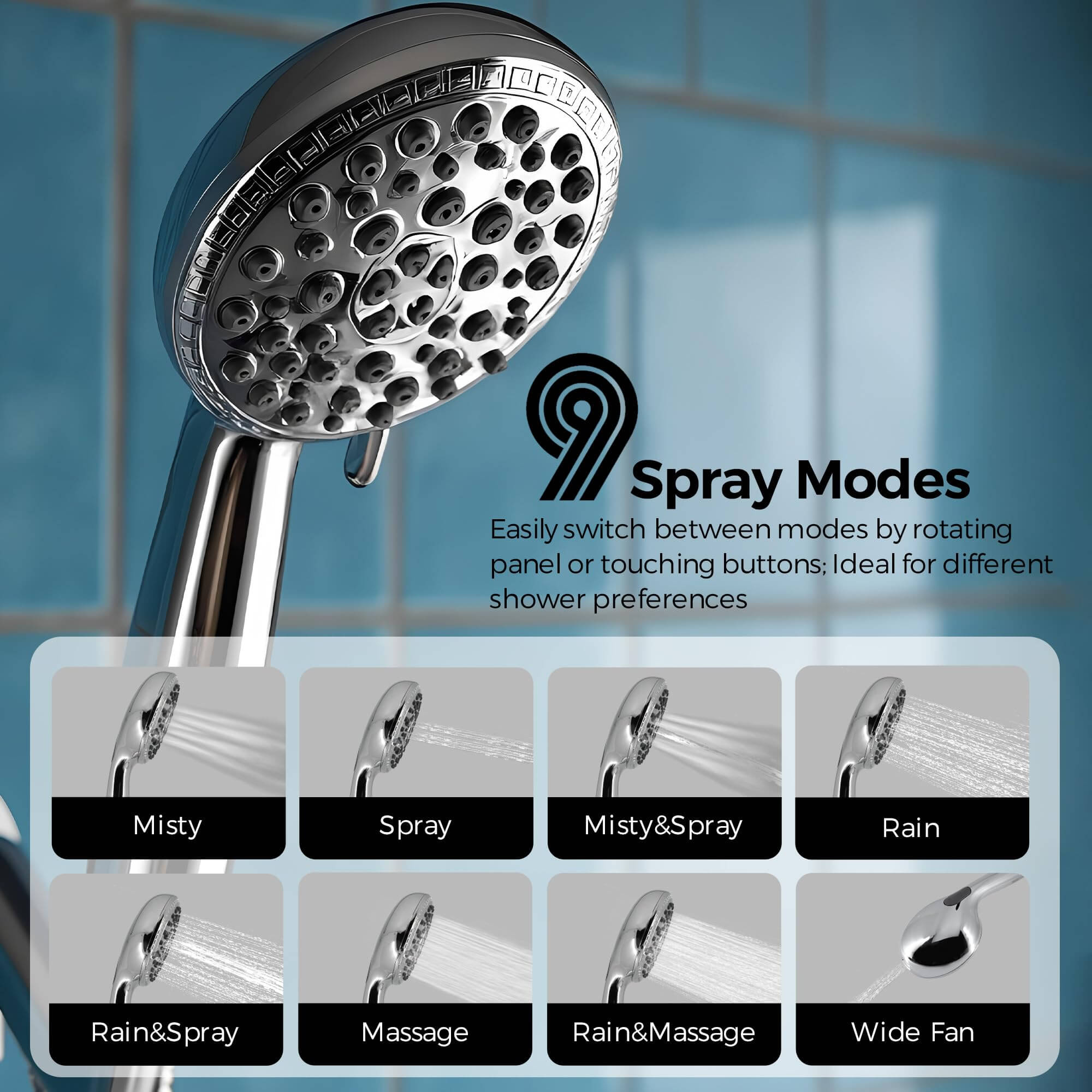 VANCOCO High-Pressure Handheld Shower Head – 9 Spray Modes, 5-Stage Filter, 69" Hose