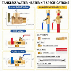 VANCOCO Tankless Water Heater Valve Kit 3/4 Inch, Hot & Cold Brass Isolation Value with Pressure Relief Valve for Tankless Water Heater Fit (3/4" IPS Connections)