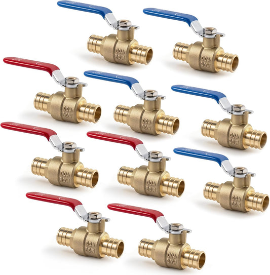 VANCOCO 1/2" PEX Ball Valve 10-Pack - Lead-Free Brass PEX Shut Off Valve 1/2 inch for Pex Fittings Hot/Cold Water (5 Red/5 Blue)