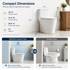VANCOCO One-Piece Compact Toilet, 25" Depth, 12" Rough-In, Dual Flush